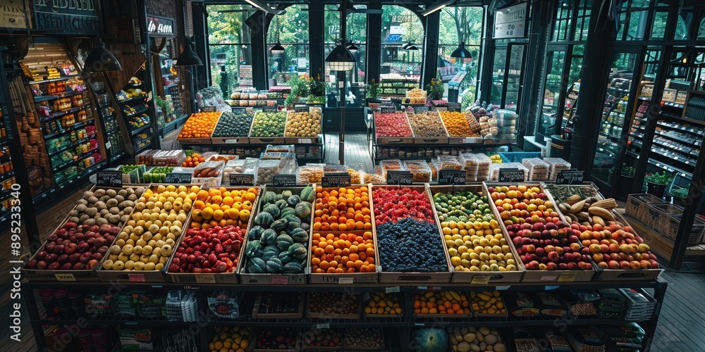 Obraz premium An impeccably organized produce section in a modern grocery store with vibrant, fresh fruits and vegetables displayed in wooden crates, promoting an inviting and lively shopping environment