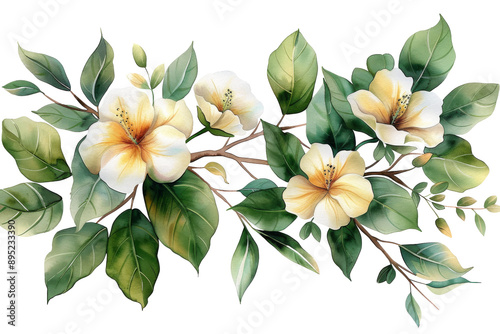 Watercolor of Tropical spring floral green leaves and flowers s isolated on transparent png background, bouquets greeting or wedding card decoration.