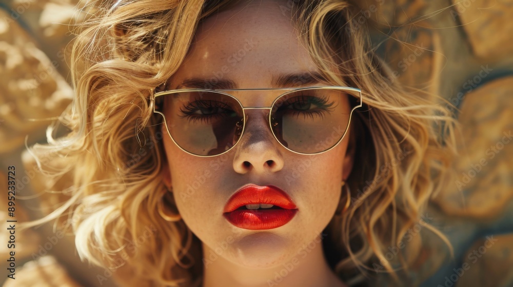 A close-up shot of a beautiful woman wearing sunglasses and red lipstick, with wavy blonde hair against a textured background. A close-up shot of a beautiful woman wearing sunglasses and red lipstick, with wavy blonde hair against a textured background.