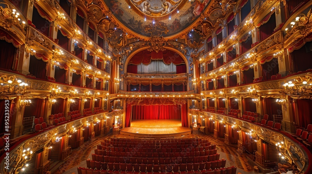 Obraz premium A lavishly decorated, grand theater interior with ornate detailing, red velvet curtains, and balconies filled with plush chairs, ready for an upcoming show