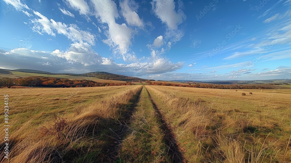 A serene autumn landscape showcasing a vast open field with a trail leading towards distant hills under a partly cloudy sky with vibrant colors A serene autumn landscape showcasing a vast open field with a trail leading towards distant hills under a partly cloudy sky with vibrant colors