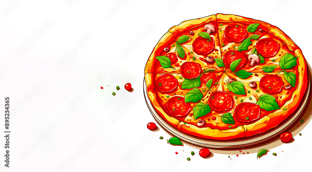 Illustration of pizza on a white plate, place for text, white background Illustration of pizza on a white plate, place for text, white background