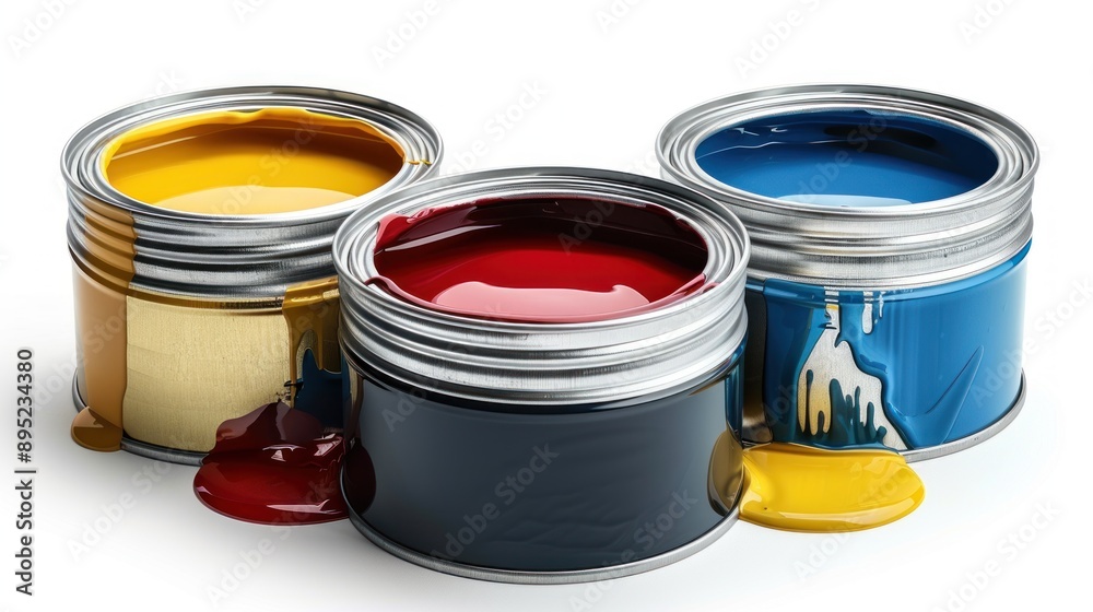 Three Paint Cans With Spilled Paint Three Paint Cans With Spilled Paint