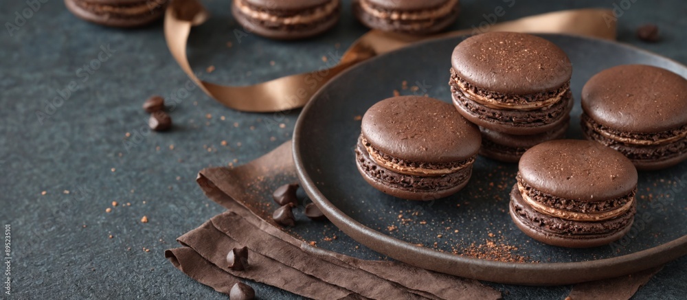Plate chocolate macarons dark Dark chocolate macarons displayed