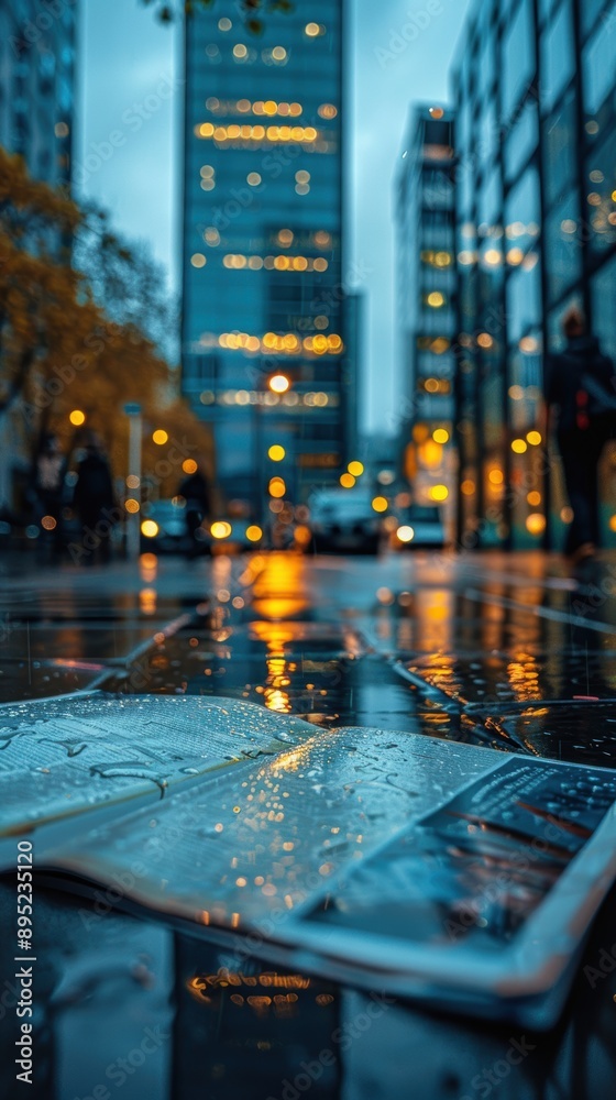 A rainy evening in an urban cityscape with high-rise buildings, illuminated street lights reflecting off the wet pavement, and a magazine laying open in the foreground A rainy evening in an urban cityscape with high-rise buildings, illuminated street lights reflecting off the wet pavement, and a magazine laying open in the foreground