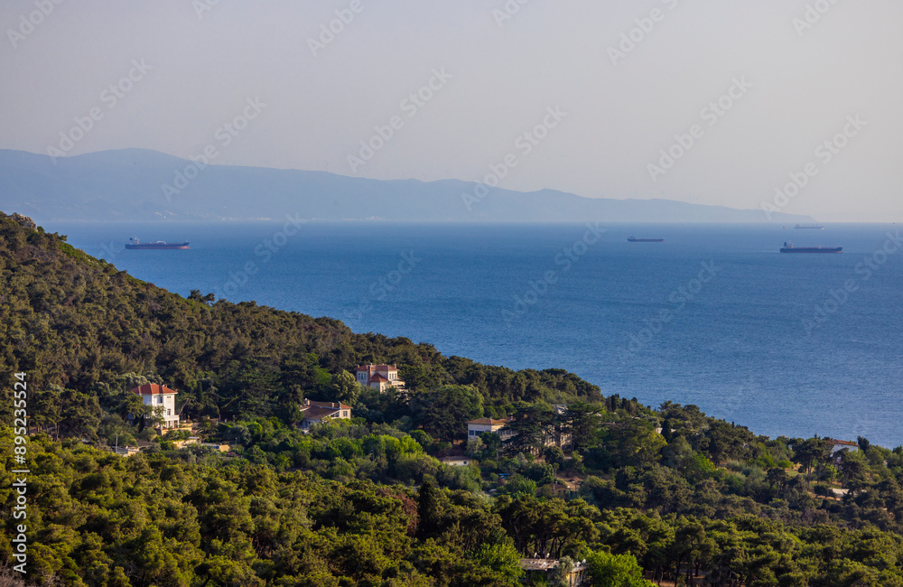 Coastal view with ships and homes. A hillside covered in trees overlooks a calm blue sea. Several ships can be seen in the distance. A few small houses are seen on Prince Islands in Turkey. Coastal view with ships and homes. A hillside covered in trees overlooks a calm blue sea. Several ships can be seen in the distance. A few small houses are seen on Prince Islands in Turkey.