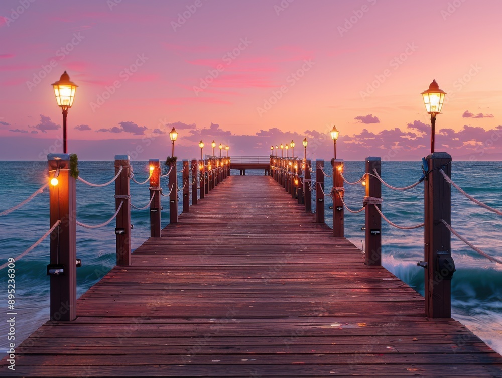 Obraz premium A serene wooden pier extending into the ocean at sunset, lined with illuminated lamp posts. The sky is a beautiful blend of pink and purple hues, reflecting on the water.