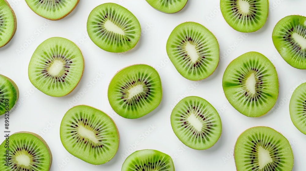 Fresh kiwi slices arranged on a white background.