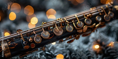 Close-up image of a beautifully crafted clarinet with intricate details and a blurred bokeh background of warm lights creating a cozy ambiance