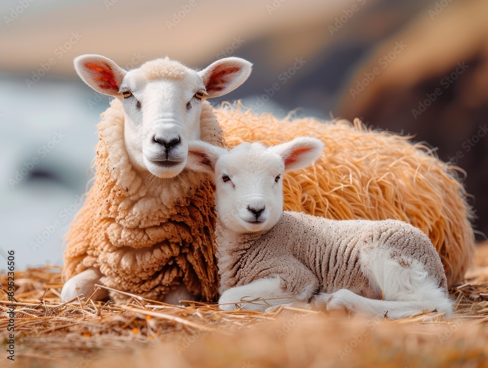 Obraz premium A curious sheep and her lamb are seen together on a scenic, grassy landscape in Vestmannaeyjar, offering a heartwarming glimpse of nature and maternal bond.