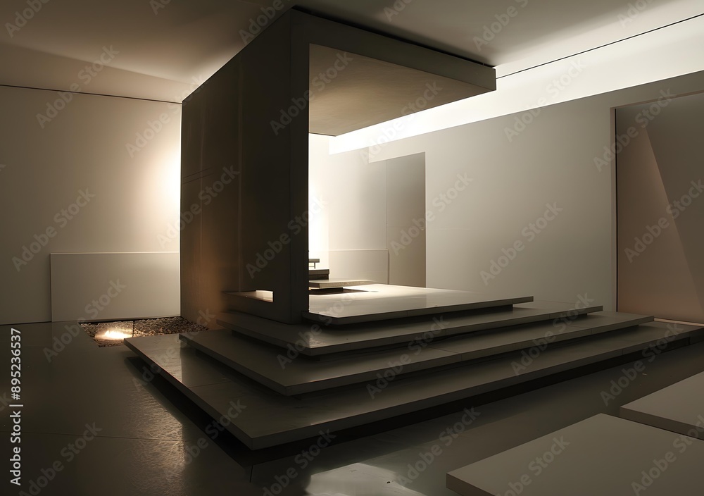 Fototapeta premium Modern Minimalist Interior Design with Concrete Steps and a Small Garden