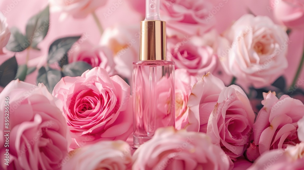 Essence bottle on pink roses backdrop for beauty spa concept Essence bottle on pink roses backdrop for beauty spa concept