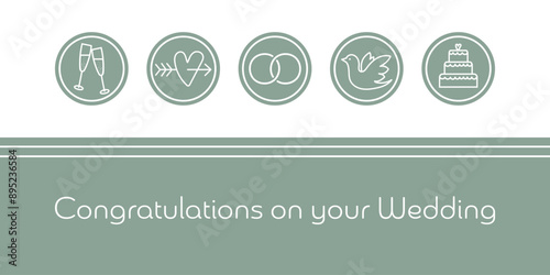 Congratulations - Schriftzug in englischer Sprache - Glückwunsch. Hochzeitskarte in Salbeigrün und Weiß mit Ringen, Herz, Taube, Sektgläsern und Torte.