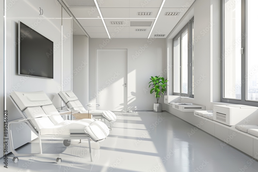 modern white office interior with white walls, tiled floor, white armchair and window with city view. modern white office interior with white walls, tiled floor, white armchair and window with city view.