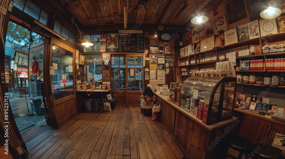 A cozy and warmly lit small coffee shop featuring wooden interiors and a vintage ambiance with a variety of products on display inside the shop and through the large windows A cozy and warmly lit small coffee shop featuring wooden interiors and a vintage ambiance with a variety of products on display inside the shop and through the large windows