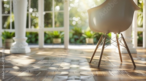 Chair legs in white against wood floor with imitation tiles landscape space available