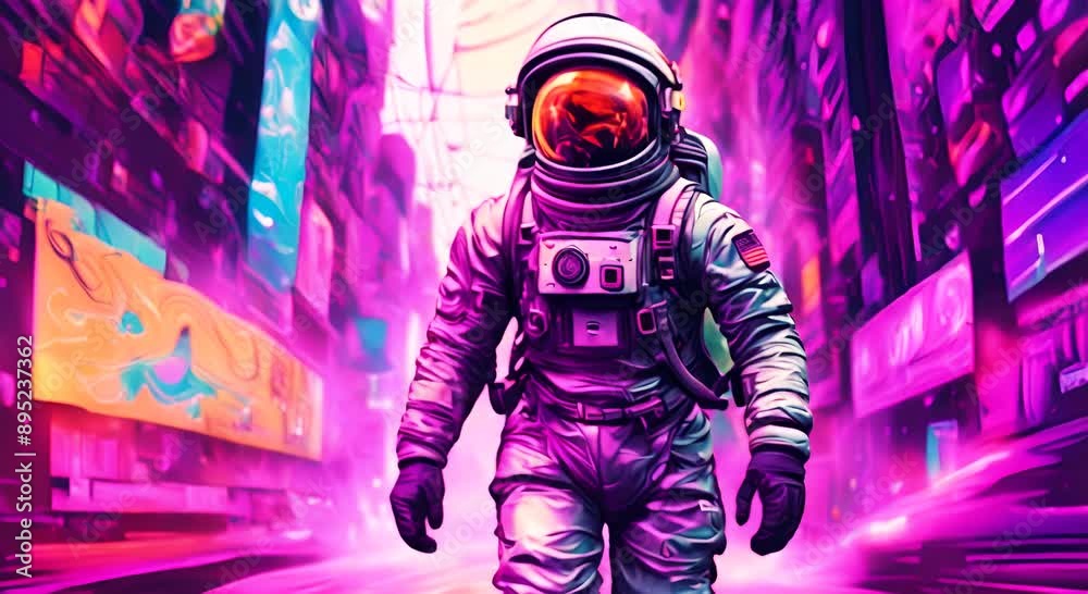 A psychedelic sketch astronaut in the city with neon colors swirling around 4k animation A psychedelic sketch astronaut in the city with neon colors swirling around 4k animation
