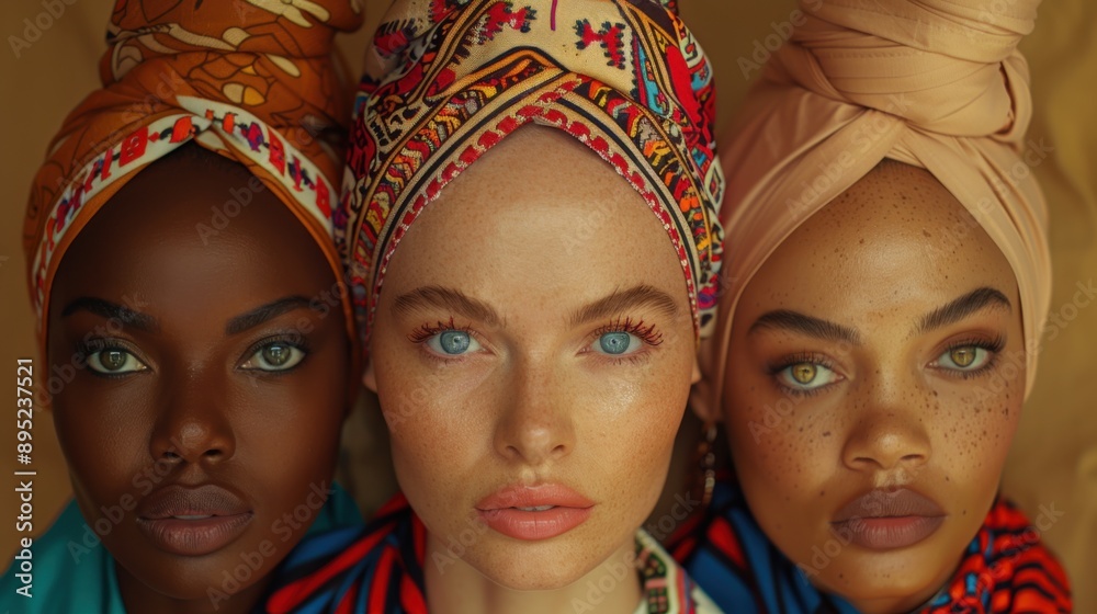 Three diverse women wearing colorful headwraps stand closely together against a brown background, showcasing their striking features and cultural attire. Three diverse women wearing colorful headwraps stand closely together against a brown background, showcasing their striking features and cultural attire.