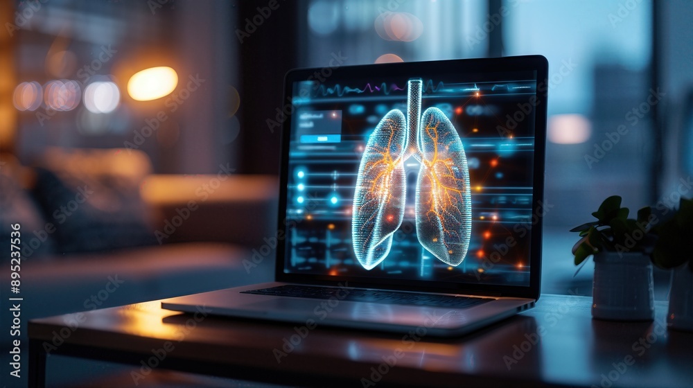 A laptop screen displays a digital image of human lungs, representing healthcare and technology. A laptop screen displays a digital image of human lungs, representing healthcare and technology.