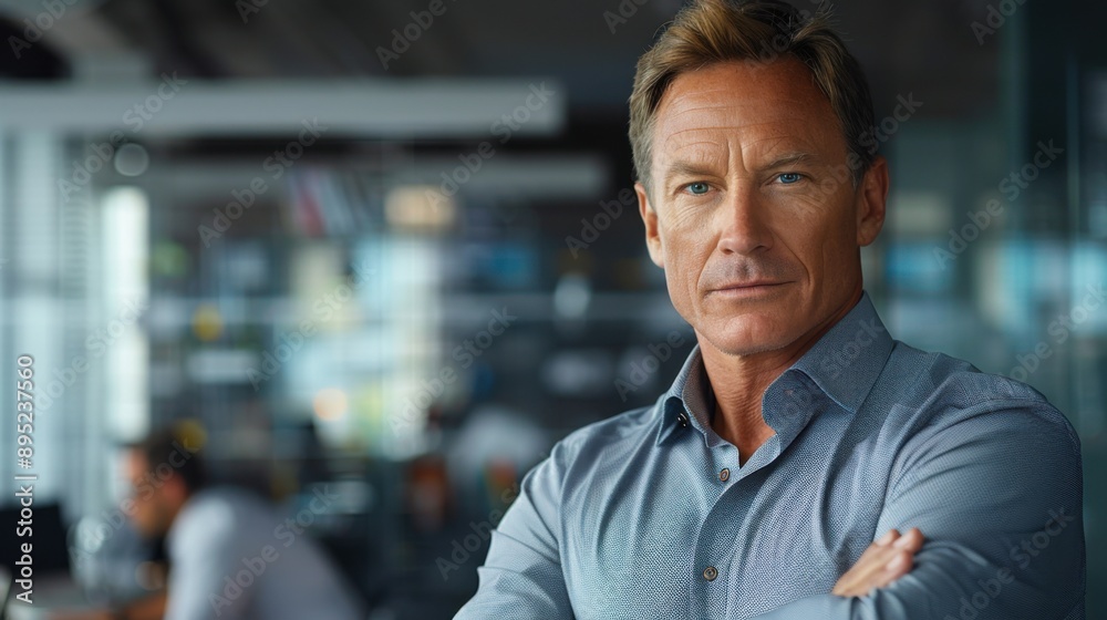 A mature businessman stands in an office with a thoughtful expression, wearing a blue collared shirt. The background shows a modern office environment with working professionals. A mature businessman stands in an office with a thoughtful expression, wearing a blue collared shirt. The background shows a modern office environment with working professionals.