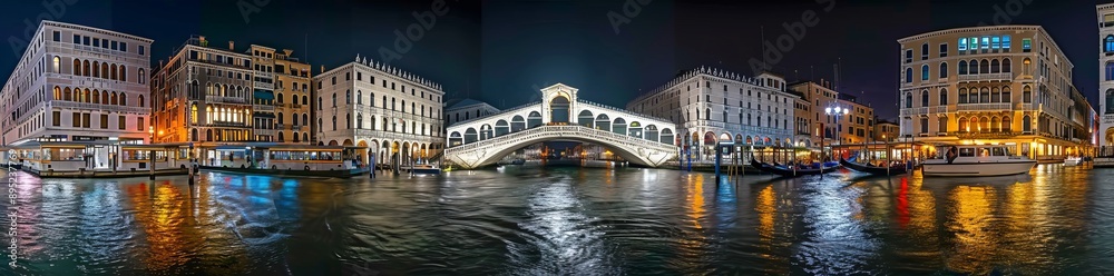 Naklejka premium Italy's Canal Grande and Rialto Bridge in a panoramic view