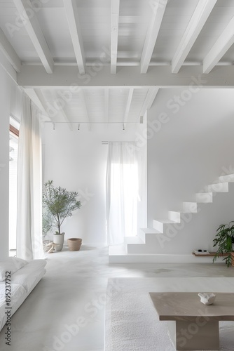 Minimalist White Interior Design with Wooden Beams and a Modern Staircase © Adobe Contributor