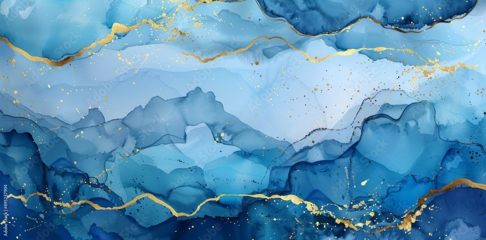The watercolor background is drawn by brush. Blue paints spilled on the paper. Gold veins and cracked texture. Elegant luxury wallpaper for design, print, and invitations. The watercolor background is drawn by brush. Blue paints spilled on the paper. Gold veins and cracked texture. Elegant luxury wallpaper for design, print, and invitations.