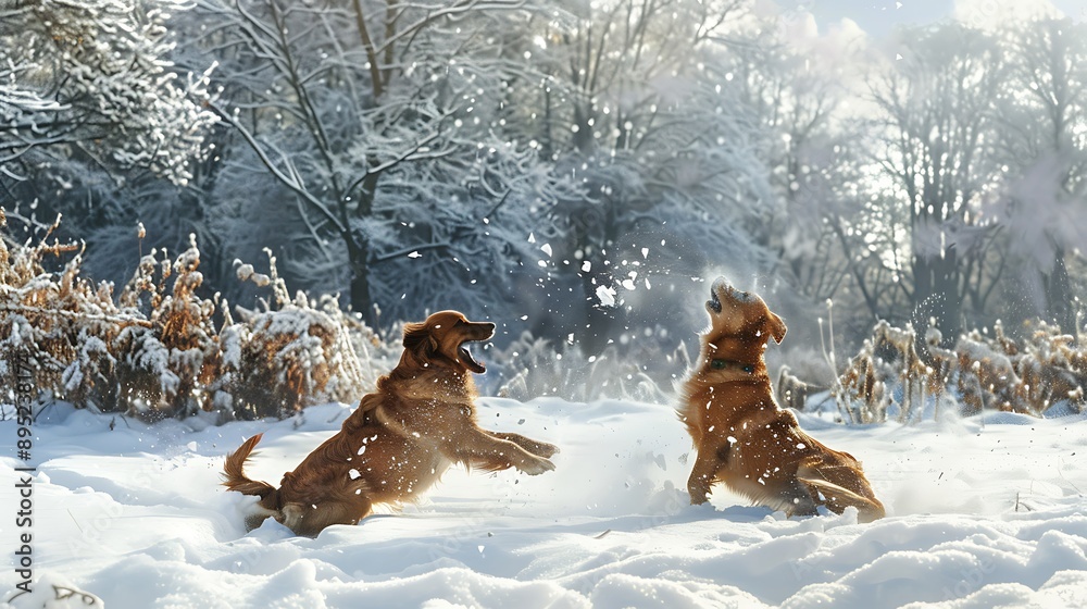 Naklejka premium A winter wonderland scene featuring two dogs playing in the snow with one catching snowflakes and the other rolling in the snow while a snowy landscape and trees set the backdrop