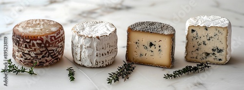 Noble cheeses on a white background. Roquefort, Gorgonzola, Danablu, Dorblu, Parsifal, Bergader, Bavarian blue cheese, Parmesan, Brie. Generative AI. photo