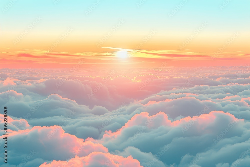 In a sunrise or sunset with soft blue clouds above a peak mountain, the sun shines a beautiful yellow light In a sunrise or sunset with soft blue clouds above a peak mountain, the sun shines a beautiful yellow light
