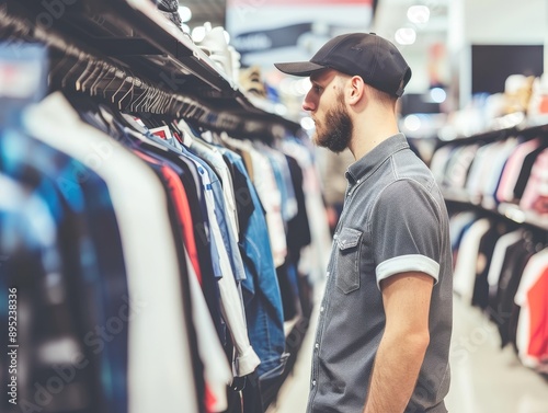 Photography of a young adult shopping for clothes in a store, capturing the shopping experience