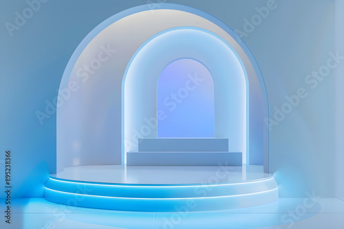 3D minimalist design 3D display platform with pastel blue lighting and white round podium