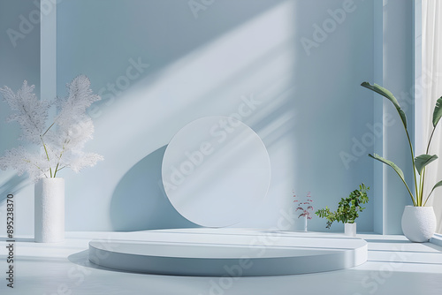 3D design of a minimalist display platform with pastel blue lighting and white round podium