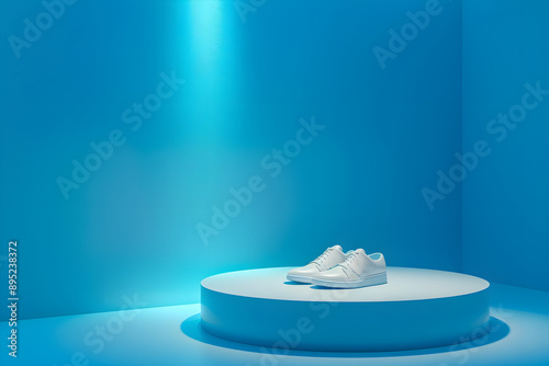 3D display with a white round podium and blue pastel light in a minimalist design.