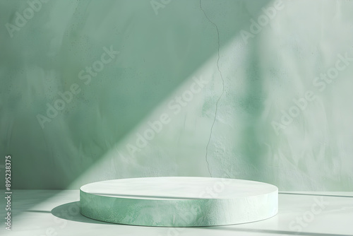 3D display platform with mint green abstract background and white floor, with a circular podium for an elegant presentation.