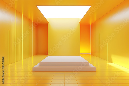 3D display platform with yellow pastel light and an empty floor, with walls in gradients from white to cream, ideal for gadgets.