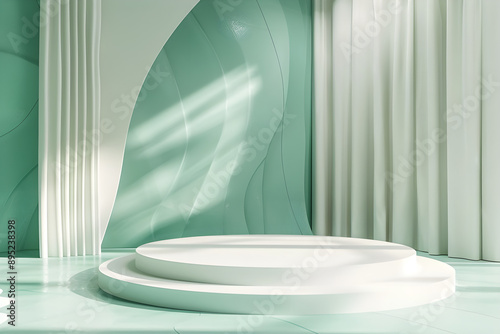 3D design of a display platform with mint green background and white floor, highlighting a circular podium for a sophisticated presentation.