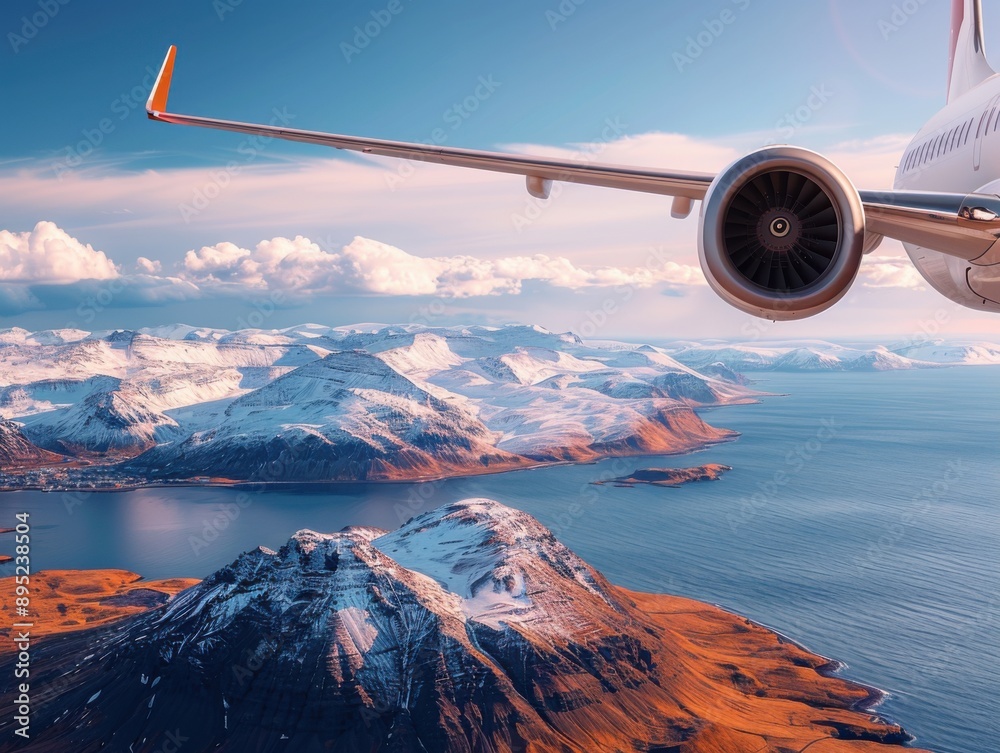 Fototapeta premium Aerial view of Reykjavik, Iceland, captured from an airplane flying over snow-capped mountains and a vast ocean, showcasing the beautiful landscape under a clear sky.