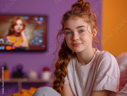 Wallpaper Mural A young girl with long braided hair and freckles is smiling while playing a video game on a television in a brightly colored room. Torontodigital.ca