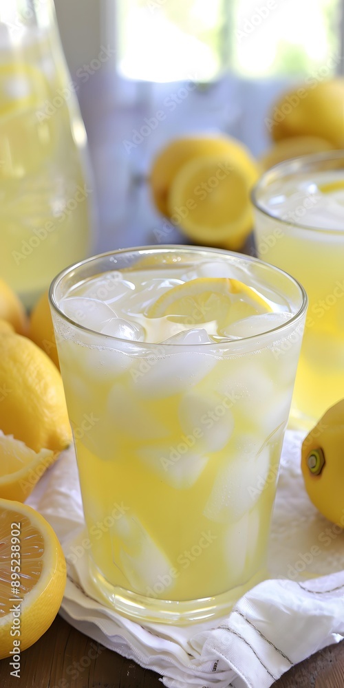 Glass of Lemonade with Ice and Lemon Slices on Wooden Table Glass of Lemonade with Ice and Lemon Slices on Wooden Table