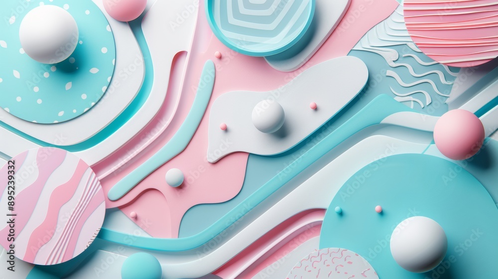 The rendering features pastel colors and a geometric 3D structure. The design is clean, minimal, and features simple futuristic forms.