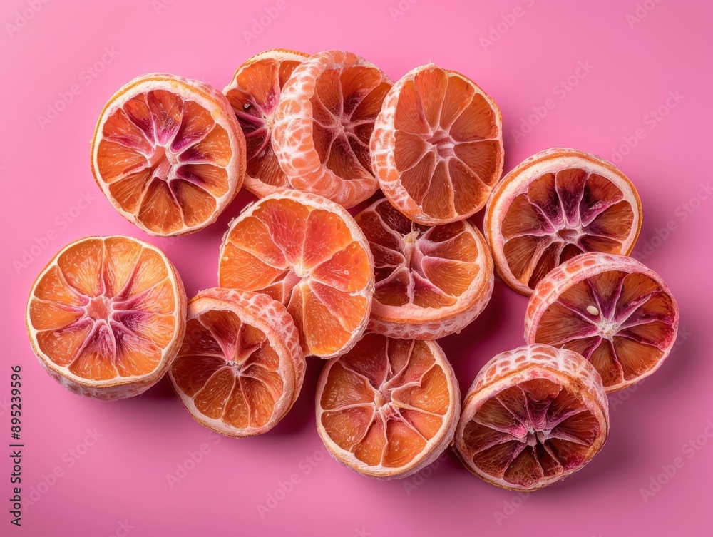A studio shot showcasing several halved dried oranges arranged on a bright pink background, highlighting their vibrant textures and colors. A studio shot showcasing several halved dried oranges arranged on a bright pink background, highlighting their vibrant textures and colors.