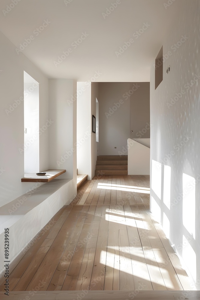 Fototapeta premium Modern Minimalist Interior Design with Wooden Floor and Sunlight