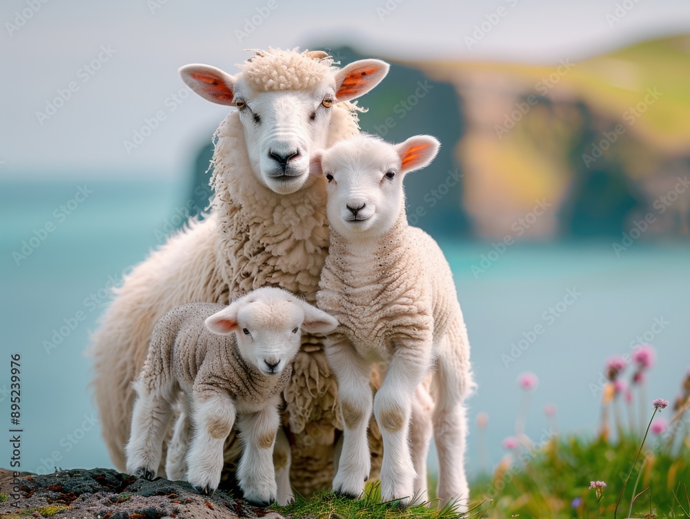 A curious sheep and her two lambs stand together, with the scenic backdrop of Vestmannaeyjar, highlighting the serene beauty of nature.