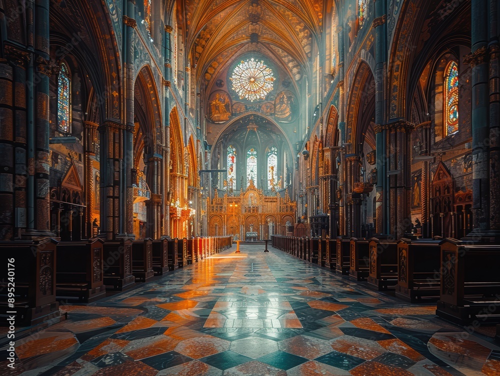 Obraz premium The magnificent interior view of an intricately designed historical cathedral, featuring awe-inspiring stained glass windows, grand archways, and elaborately detailed architectural elements