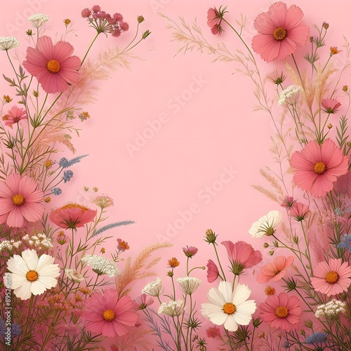 Pink and White Flowers Arranged in a Circular Frame on a Pink Background