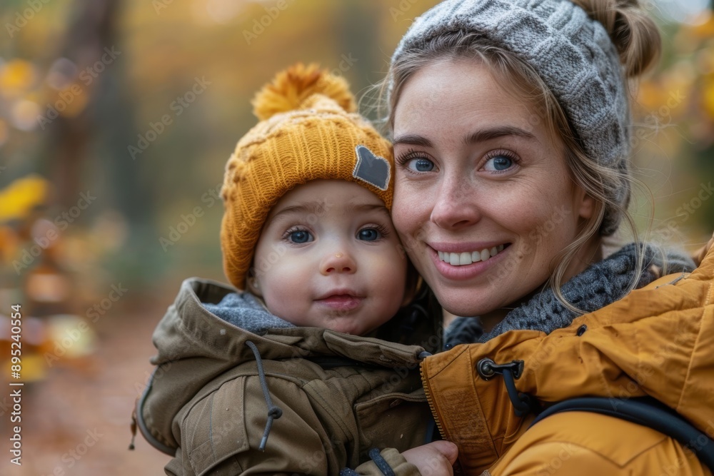 Heartwarming portrait of a smiling mother with her young child wearing cozy warm clothing during an autumn day outdoors in a forest setting