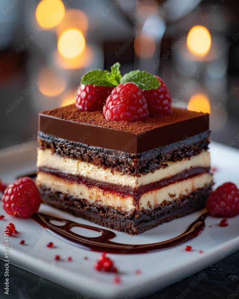 Chocolate cake topped with fresh raspberries and a sprig of mint. AI. Chocolate cake topped with fresh raspberries and a sprig of mint. AI.