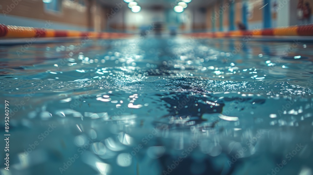 A tranquil indoor swimming pool with vibrant lighting reflected on the water's surface, creating a serene and inviting atmosphere for swimmers