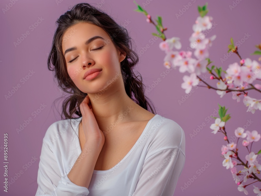 A serene woman with closed eyes lightly touching her neck, standing in front of a lavender backdrop alongside blossoming cherry branches. Captured in a studio setting.